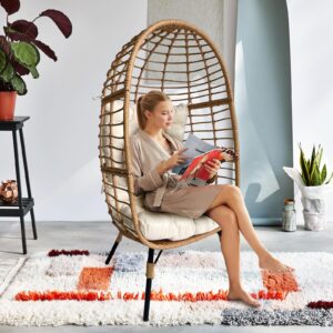 Meluvici Egg Chair Outdoor Indoor, Single Size Rattan Wicker Patio Basket Chair with 330LBS, Egg Lounger Chairs with Stand for Patio, Balcony, Bedroom, Beige