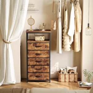 Huuger 5 Drawers Dresser with Charging Station, Dresser for Bedroom, Tall Night Stand, Chest of Drawers with Open Shelf, Bedside Table Nightstand, Fabric Dresser, for Entryway, Rustic Brown