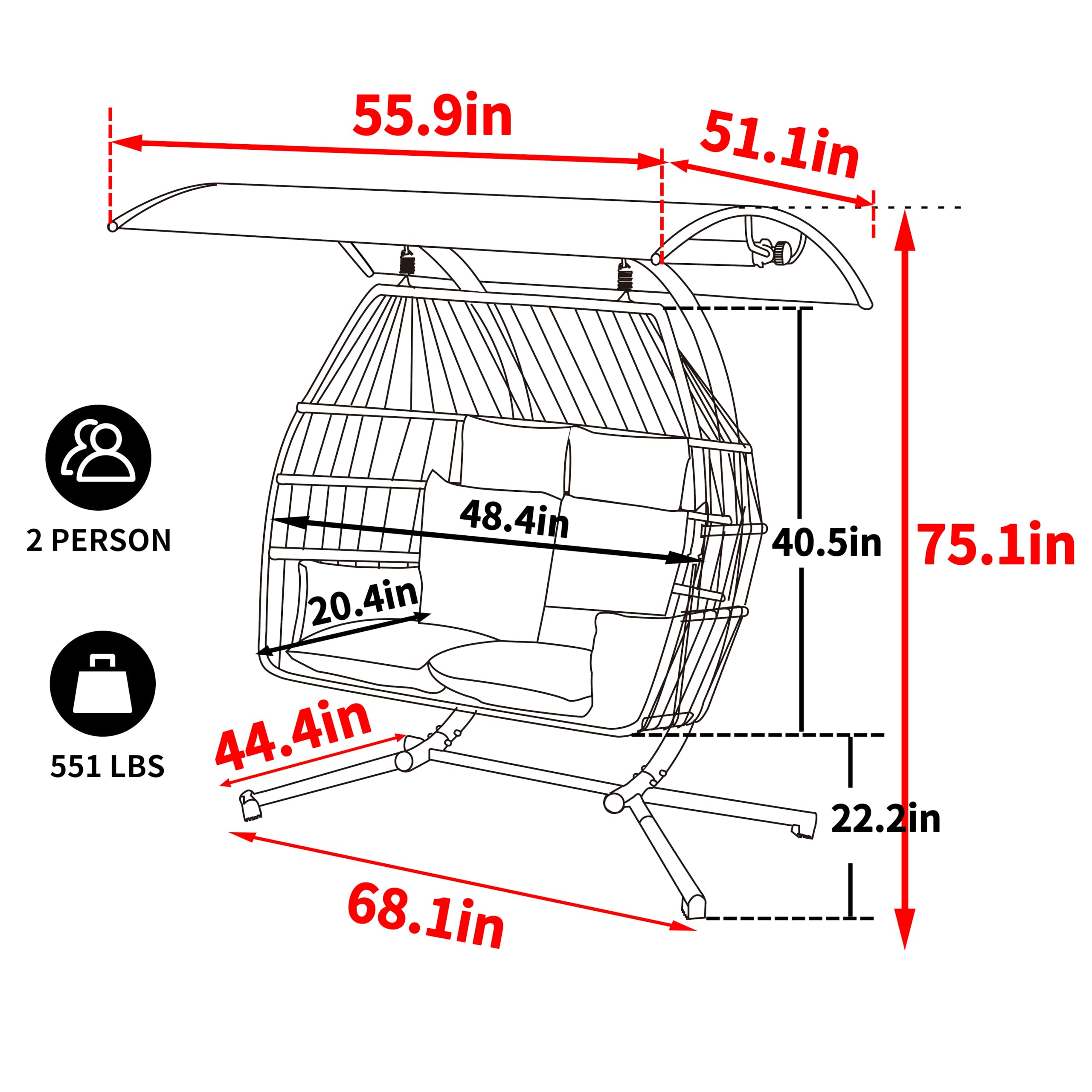 MUPATER 2 Person Hanging Egg Chair, Outdoor Swing Chair, Double Egg Chair with Metal Stand and Cushion, Porch Swing for Patio Indoor Outdoor Balcony Bedroom