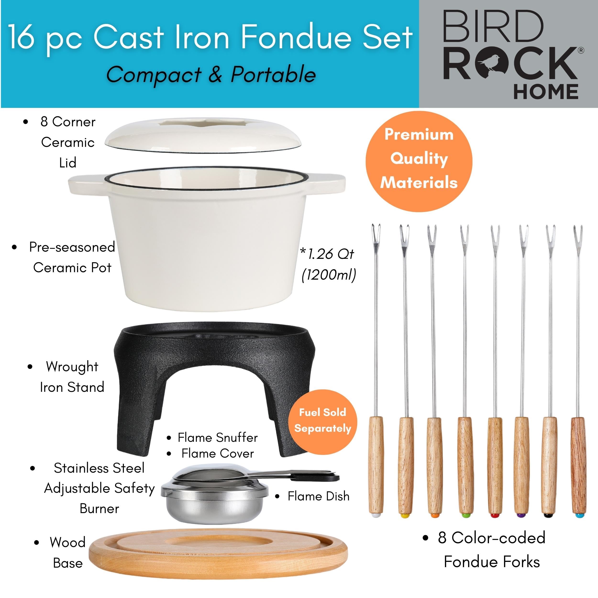 BIRDROCK HOME Cast Iron Fondue Pot Set | 8 Fondue Forks, Chrome Safety Burner | Chocolate, Cheese, Melting, Dip Warmer, Mini Fountain, Covered Strawberries | Wedding Gifts, Hosting Essentials | Cream