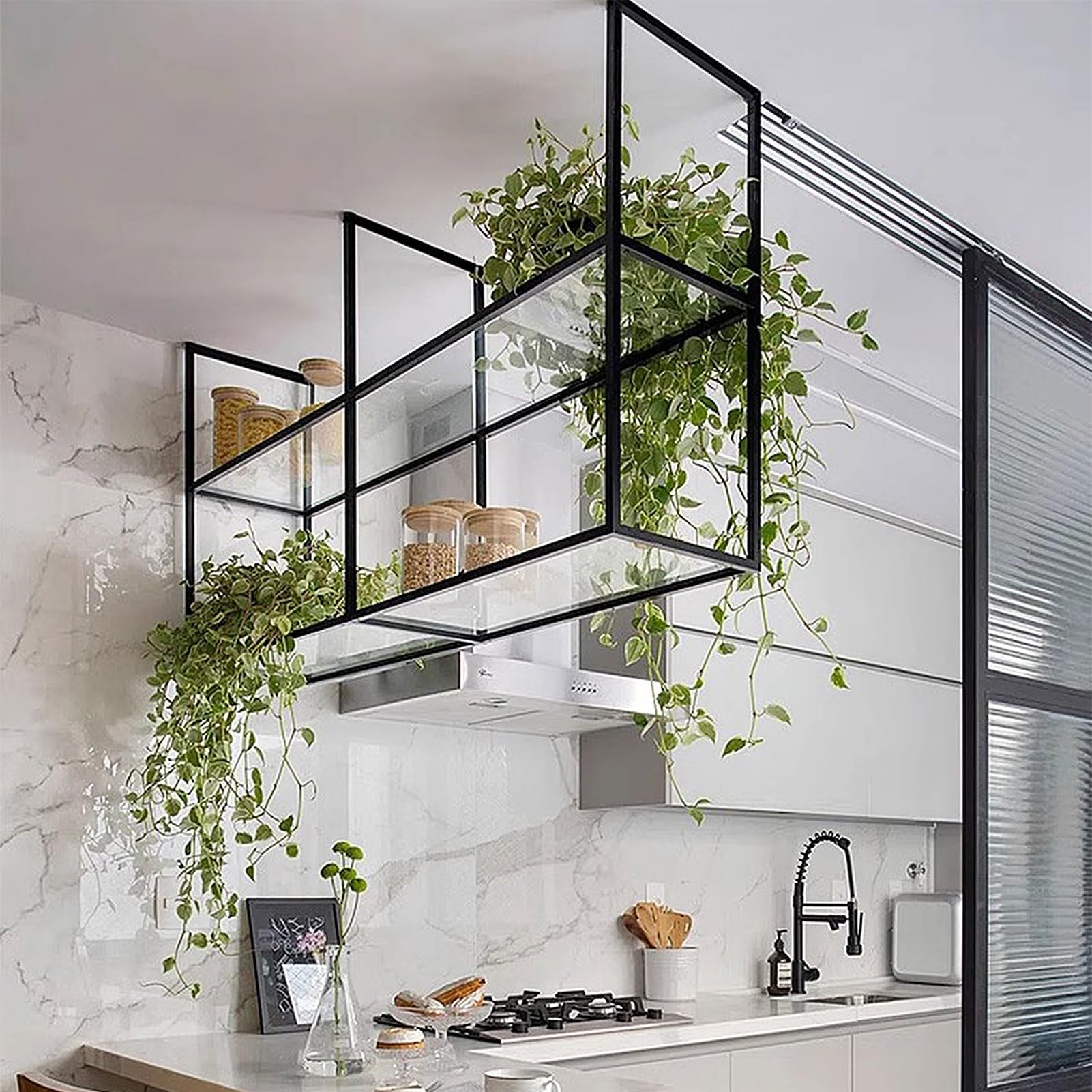 Drsyffsup Ceiling Hanging Shelves Floating Shelf Suspended Iron Art Wall Storage Shelving Display Rack in Kitchen Bar Indoor, Acrylic Glass Flower Plant Stand | Easy to Install (Size : 150x30x80cm)