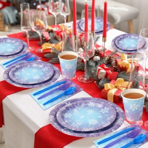 Winter Snowflake Paper Plates and Napkins Set, Blue and Purple Snowflake Winter Wonderland Disposable Tableware for Christmas Winter Holiday New Year Birthday Party Supplies Decorations, Serve 25