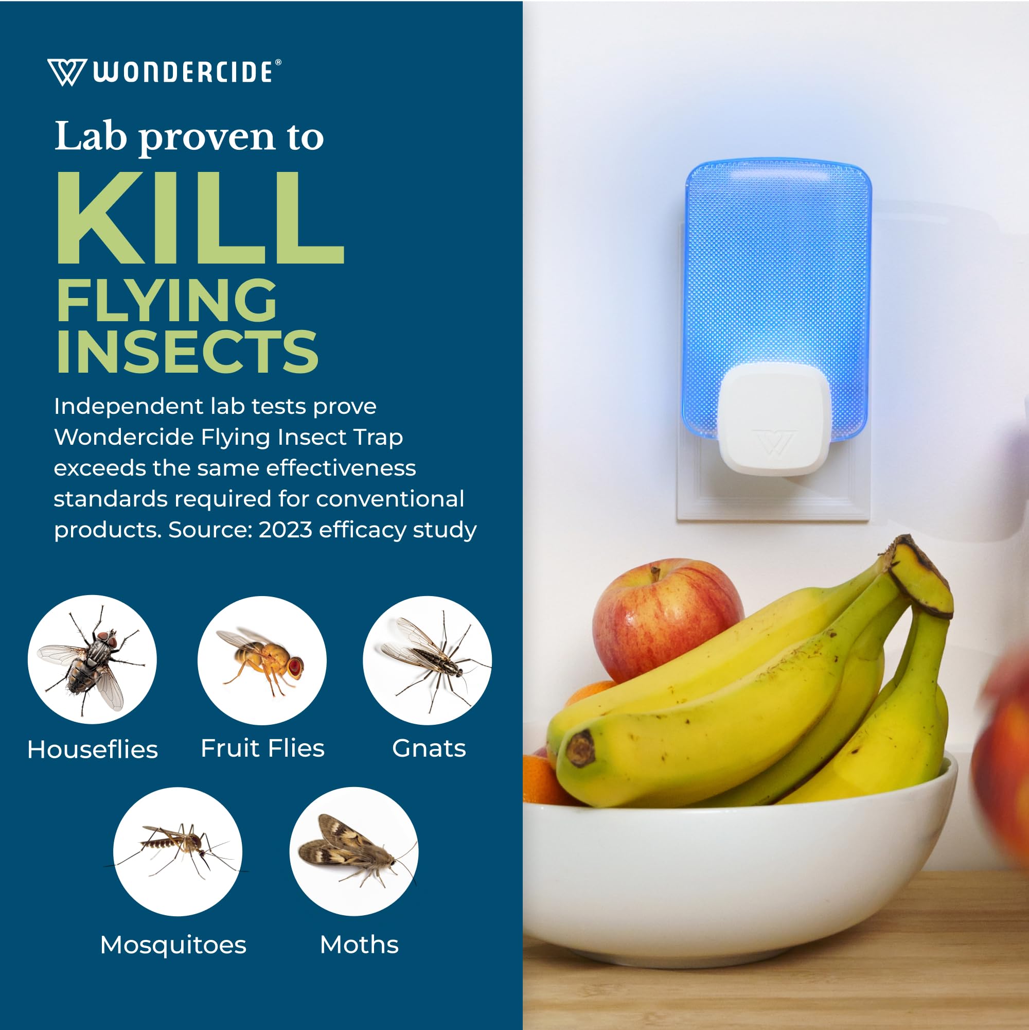 Wondercide - Flying Insect and Fly Trap - Indoor Bug Catcher for Fruit and House Flies, Gnats, Moths, and Mosquitoes - Starter Kit for Home and Kitchen - 1 Plug-in Light and 1 Cartridge