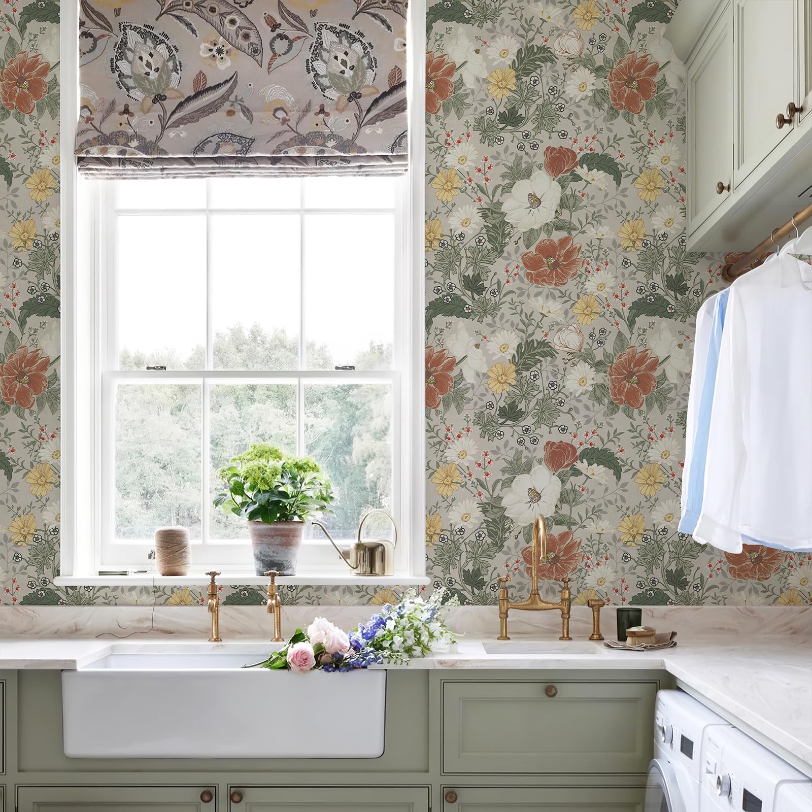 Simon&Siff Vintage Peel and Stick Wallpaper Grey Floral Wallpaper Farmhouse Botanical Contact Paper Self Adhesive Removable Wall Paper for Renter Friendly 118" x 17.3"