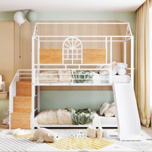 harper & bright designs metal twin over twin bunk beds with slide, house bunk bed with storage stairs, kids bunk beds with roof and guardrails for girls boys teens, white+white slide