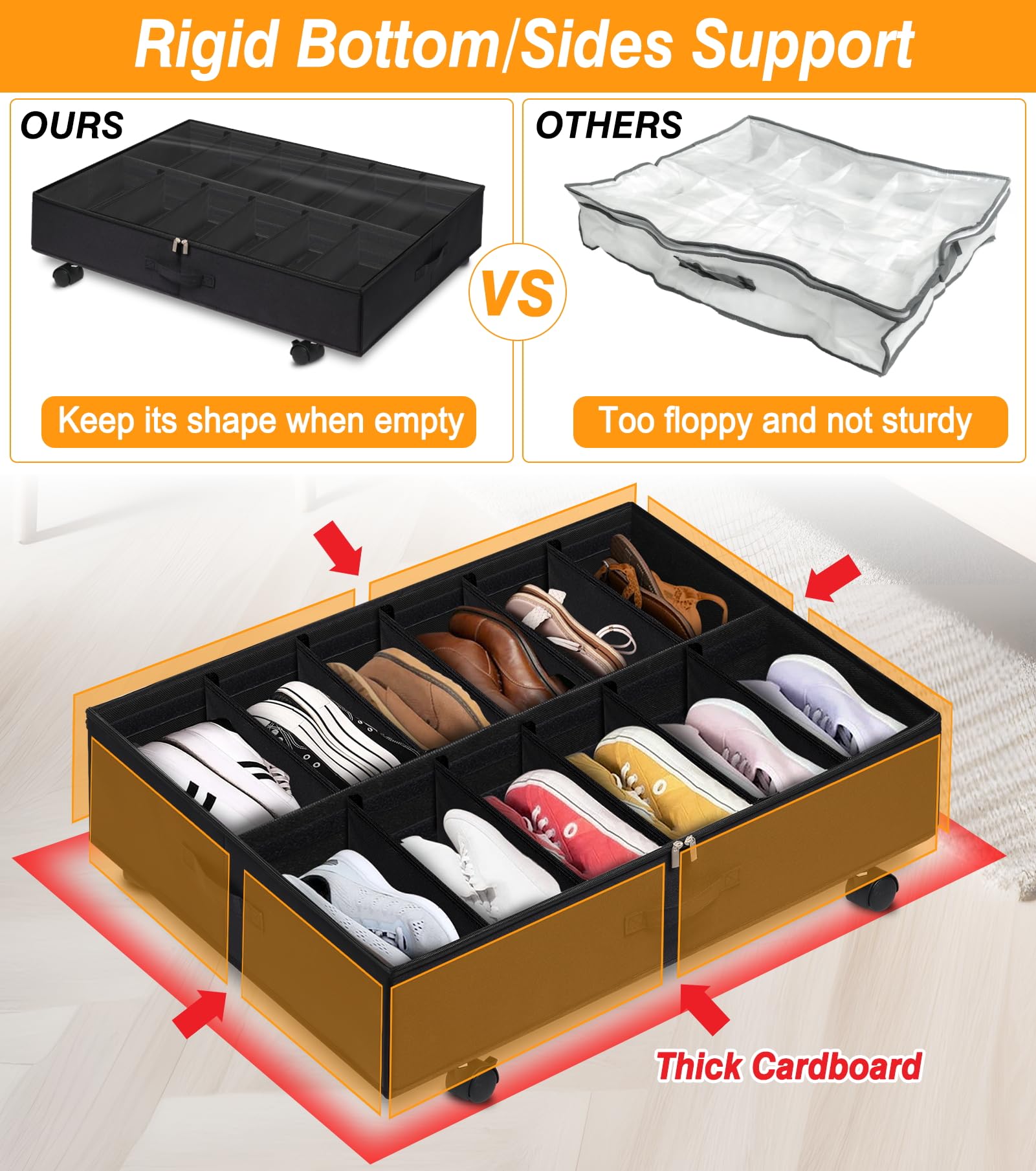 punemi Under Bed Shoe Storage Organizer With Wheel & Adjustable Dividers, Underbed Shoes Boot Closet Storage Solution Containers - Side & Bottom Support & 3 Handles, Up To 12 Shoes, 29.5"X23.6"X7.9"