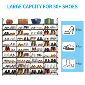 10-Tier Tall Shoe Rack - Free Standing Shoe Shelf Organizer - Large Metal Closet Organizers and Storage Shelves - Stackable Shoe Stand with Hooks for Bedroom Entryway - Holds 80 Pairs of Shoes - Black