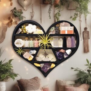 FNYDOX Wooden Heart Shape Crystal Display Shelf, Rock Holder Witchy Home Decor Gem Storage Wall Art Boho Organizer Gothic Wood Hanging Floating Shelf, Mothers Day Birthday Valentines Day Gift