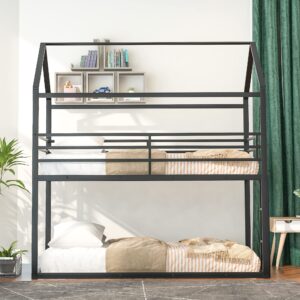 LostCat Twin Over Twin Metal Bunk Bed, House Low Bunk Bed Frame w/Safety Guardrail & Ladder, No Box Spring Needed, SEasy to Install, for Kids, Teens, Girls, Boys, Black