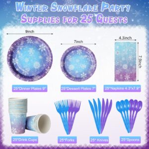 Winter Snowflake Paper Plates and Napkins Set, Blue and Purple Snowflake Winter Wonderland Disposable Tableware for Christmas Winter Holiday New Year Birthday Party Supplies Decorations, Serve 25