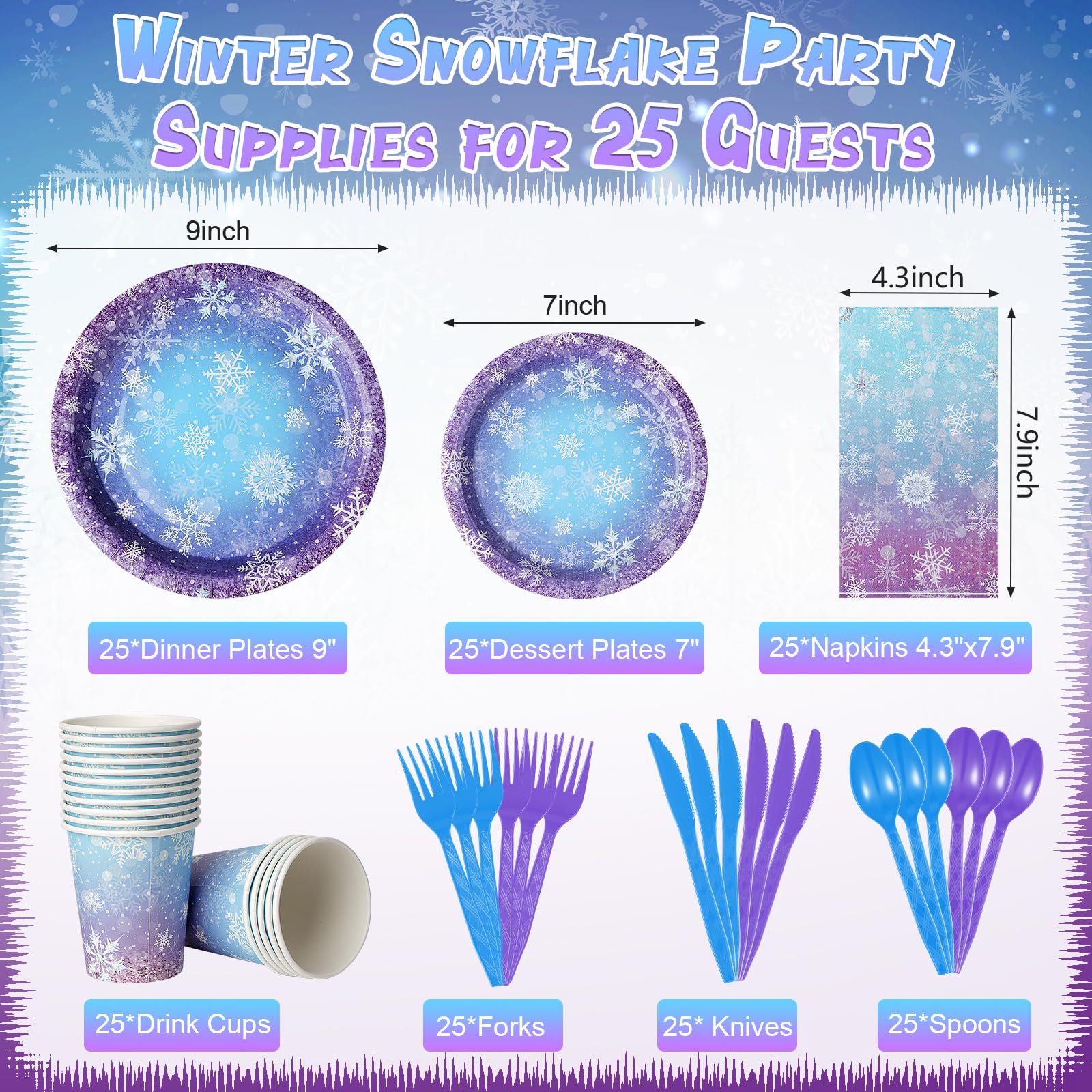 Winter Snowflake Paper Plates and Napkins Set, Blue and Purple Snowflake Winter Wonderland Disposable Tableware for Christmas Winter Holiday New Year Birthday Party Supplies Decorations, Serve 25