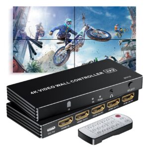 4k hdmi video wall controller 2x2, lukfocab video wall processor with 8 splicing modes, 180° rotate, 3.5mm audio extractor, ir remote, 4 tv screen into 1 wall display 2x2, 1x2, 1x3, 1x4, 2x1, 3x1, 4x1