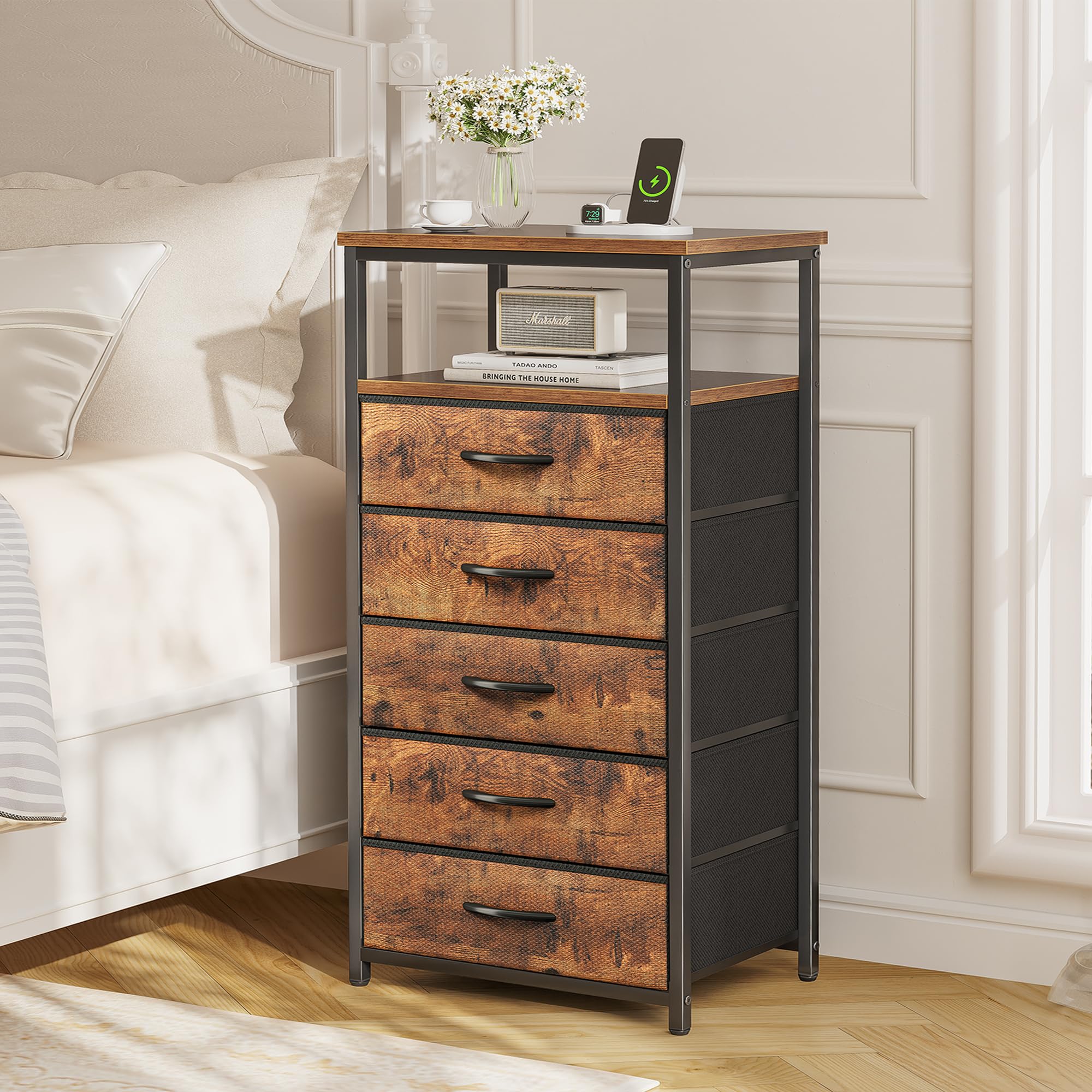 Huuger 5 Drawers Dresser with Charging Station, Dresser for Bedroom, Tall Night Stand, Chest of Drawers with Open Shelf, Bedside Table Nightstand, Fabric Dresser, for Entryway, Rustic Brown