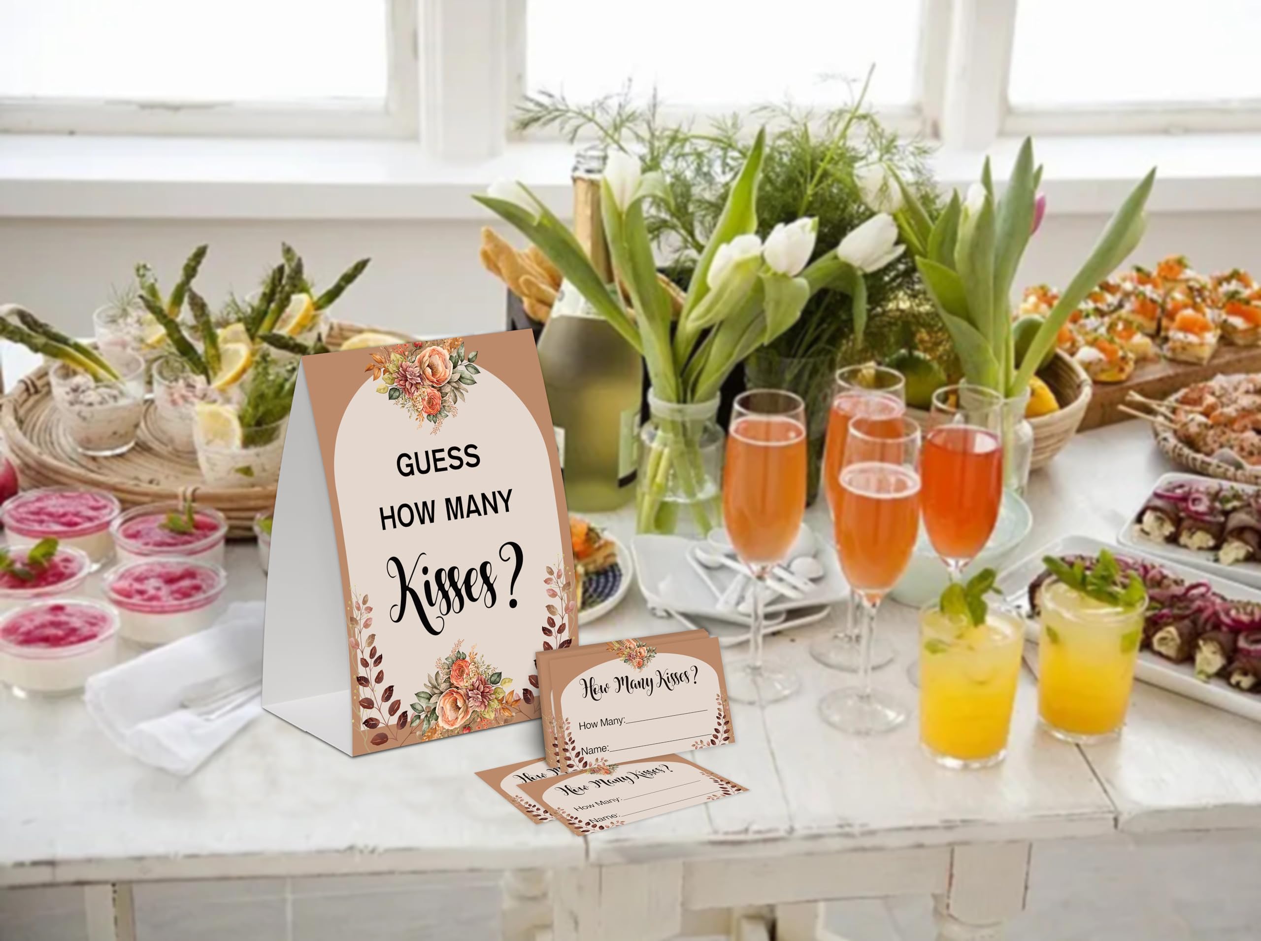 Rustic Orange Floral How Many Kisses Bridal Shower Game,Wedding Shower Games,Engagement Party Games,Bachelorette Party Games,Bridal Shower Decorations(1 Sign & 50 Guess Cards),13