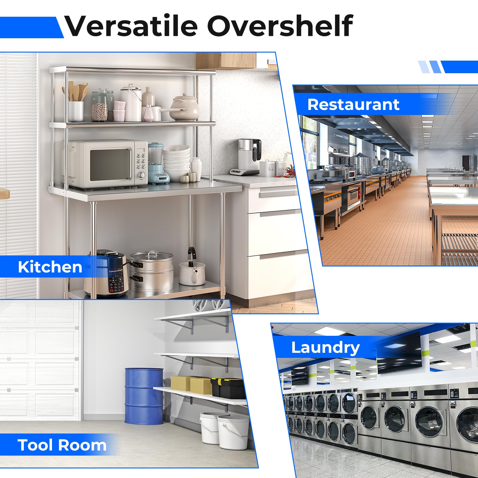 Giantex 48 Inch Stainless Steel Overshelf with Adjustable Lower Shelf, 2 Tier Commercial Double Overshelf for Kitchen Prep Table Restaurant