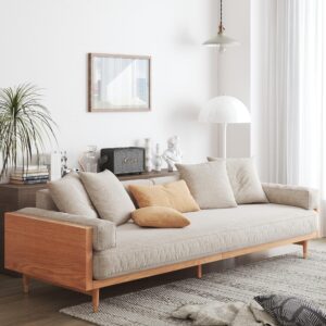 JASIWAY Modern 3 Seater Sofa, Upholstered Linen Fabric Sofa, Chinese Style Sofa with Solid Wood Frame Large Sofa for Living Room, 82.7" W x 34.6" D x 26.8" H