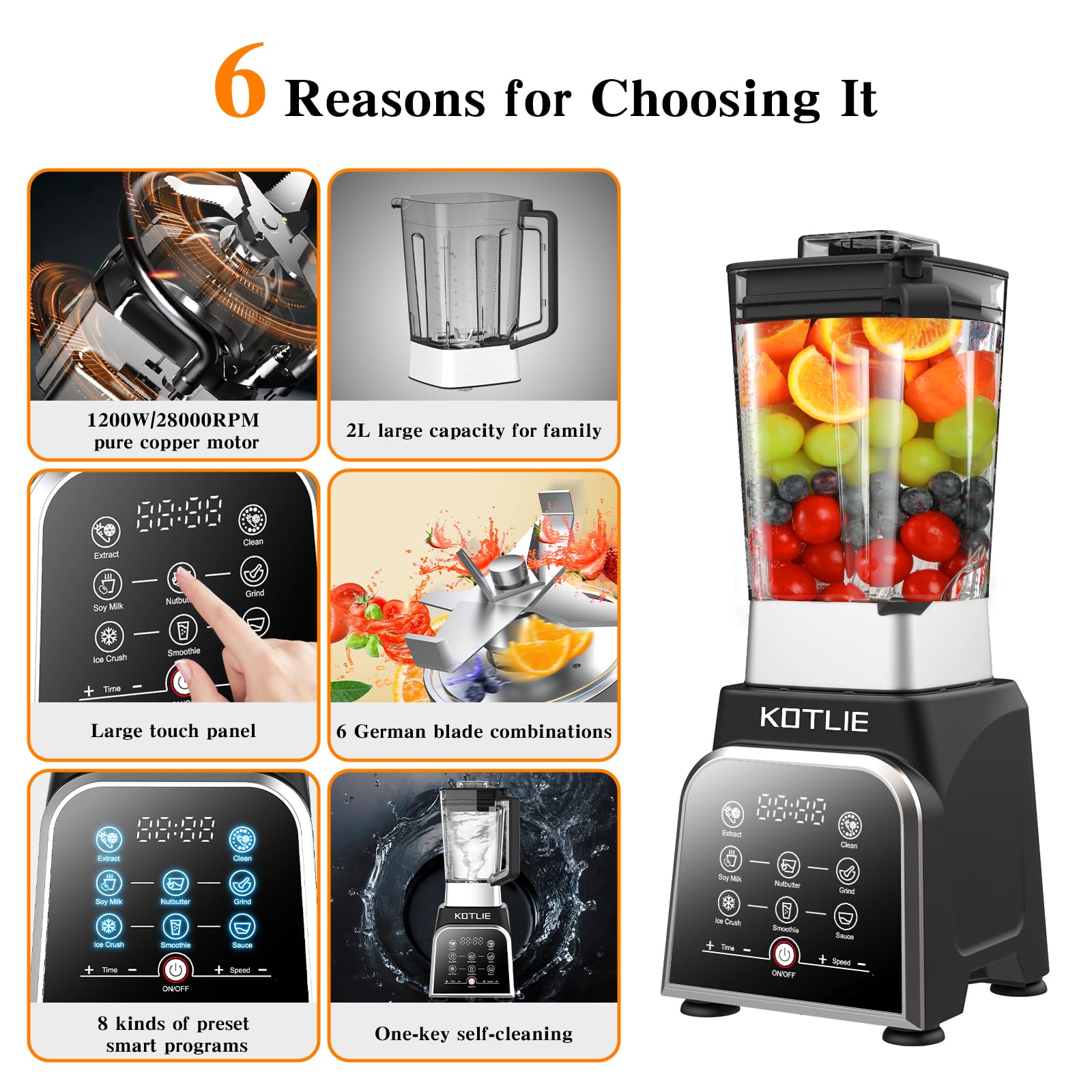 KOTLIE Blender 68 Oz Shakes & Smoothies Countertop Blender, 1200W 28000RPM High Speed Food Processors, Smoothie Blender with 8 Smart Functions for Baby Food, Crushing Ice or Frozen Drinks(Black)