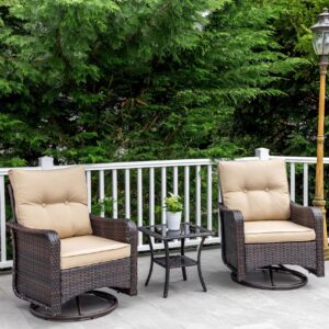 Gotland 3 Pieces Patio Swivel Rocker Wicker Chairs-Outdoor Swivel Rocking Chairs with 1 Rattan Coffee Table&2 Khaki Thickened Cushions Outdoor Furniture Conversation Sets