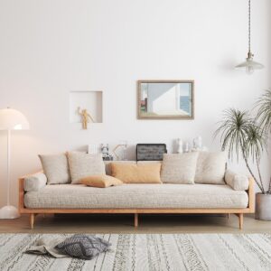 JASIWAY Modern 3 Seater Sofa, Upholstered Linen Fabric Sofa, Chinese Style Sofa with Solid Wood Frame Large Sofa for Living Room, 82.7" W x 34.6" D x 26.8" H