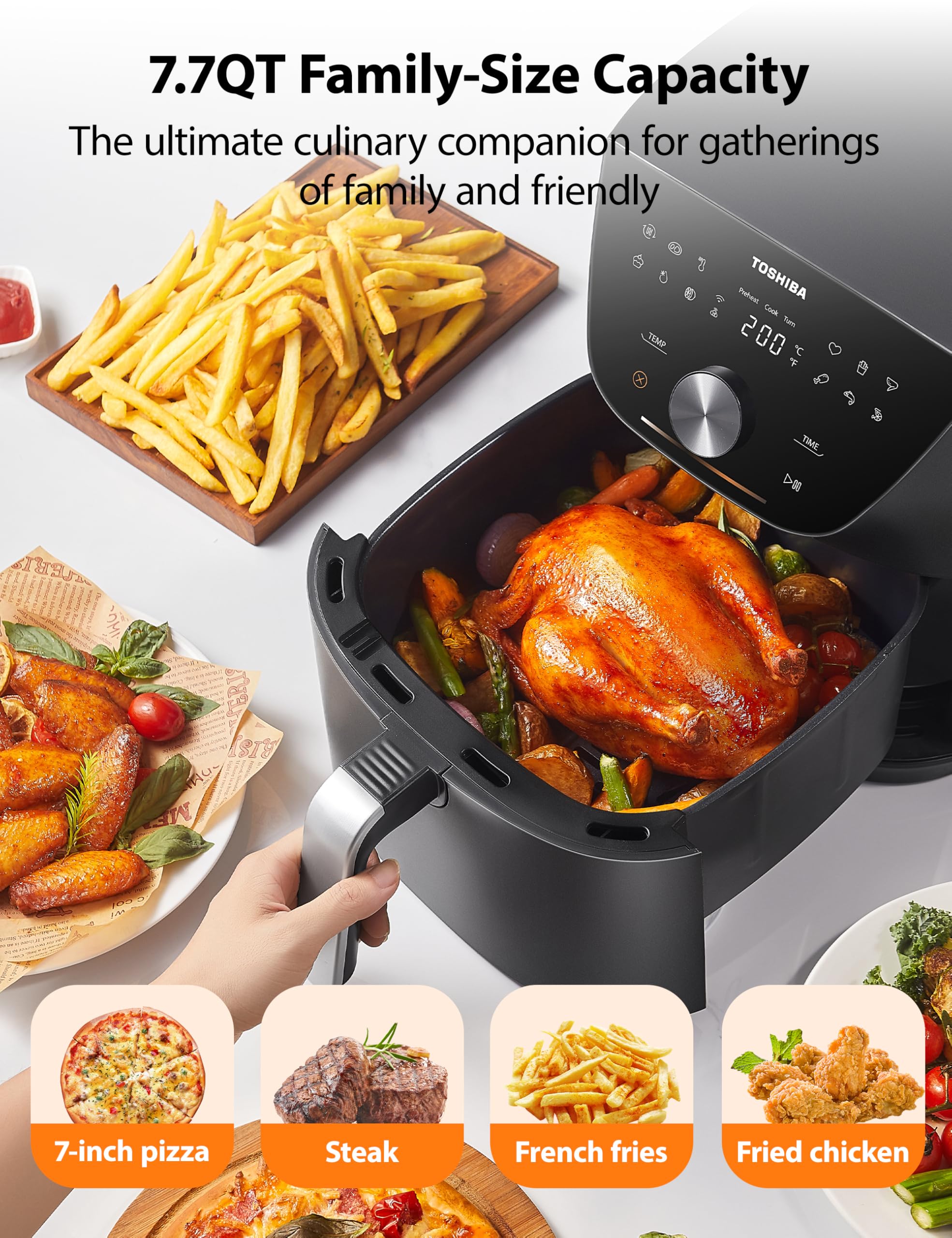 Toshiba 7.7QT Air Fryer, Family-Size for Quick and Easy Meals, 12 Preset Menus and Menu-IQ Function, 1°F Precision, 90% less fat, Double-sided Handles Easy Carrying