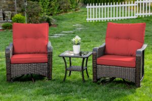 gotland 3 pieces patio swivel rocker wicker chairs-outdoor swivel rocking chairs with 1 rattan coffee table&2 red thickened cushions outdoor furniture conversation sets for patio porch garden