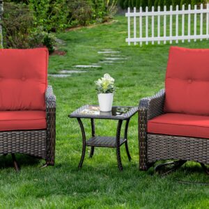 Gotland 3 Pieces Patio Swivel Rocker Wicker Chairs-Outdoor Swivel Rocking Chairs with 1 Rattan Coffee Table&2 Red Thickened Cushions Outdoor Furniture Conversation Sets for Patio Porch Garden