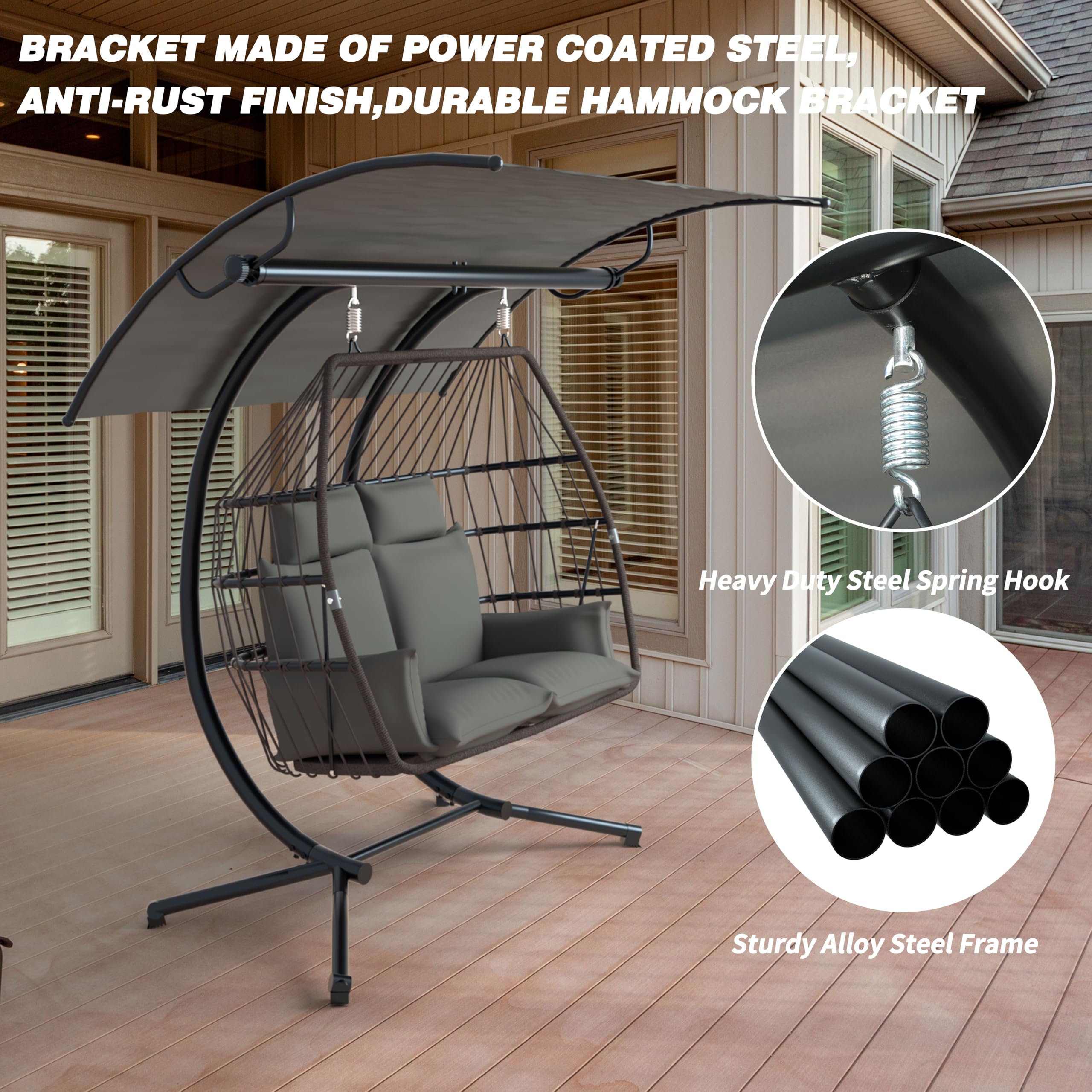 MUPATER 2 Person Hanging Egg Chair, Outdoor Swing Chair, Double Egg Chair with Metal Stand and Cushion, Porch Swing for Patio Indoor Outdoor Balcony Bedroom