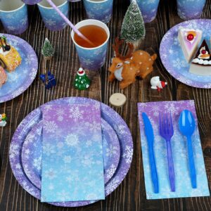 Winter Snowflake Paper Plates and Napkins Set, Blue and Purple Snowflake Winter Wonderland Disposable Tableware for Christmas Winter Holiday New Year Birthday Party Supplies Decorations, Serve 25