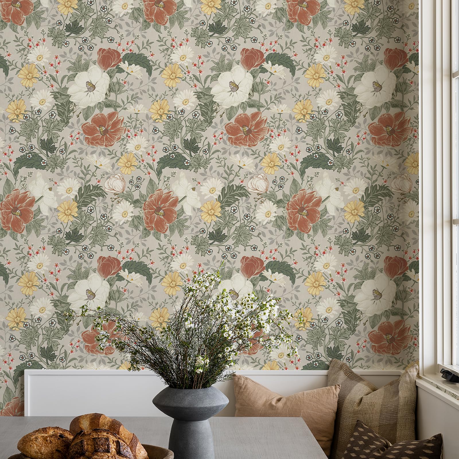 Simon&Siff Vintage Peel and Stick Wallpaper Grey Floral Wallpaper Farmhouse Botanical Contact Paper Self Adhesive Removable Wall Paper for Renter Friendly 118" x 17.3"