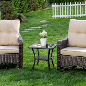 Gotland 3 Pieces Patio Swivel Rocker Wicker Chairs-Outdoor Swivel Rocking Chairs with 1 Rattan Coffee Table&2 Khaki Thickened Cushions Outdoor Furniture Conversation Sets