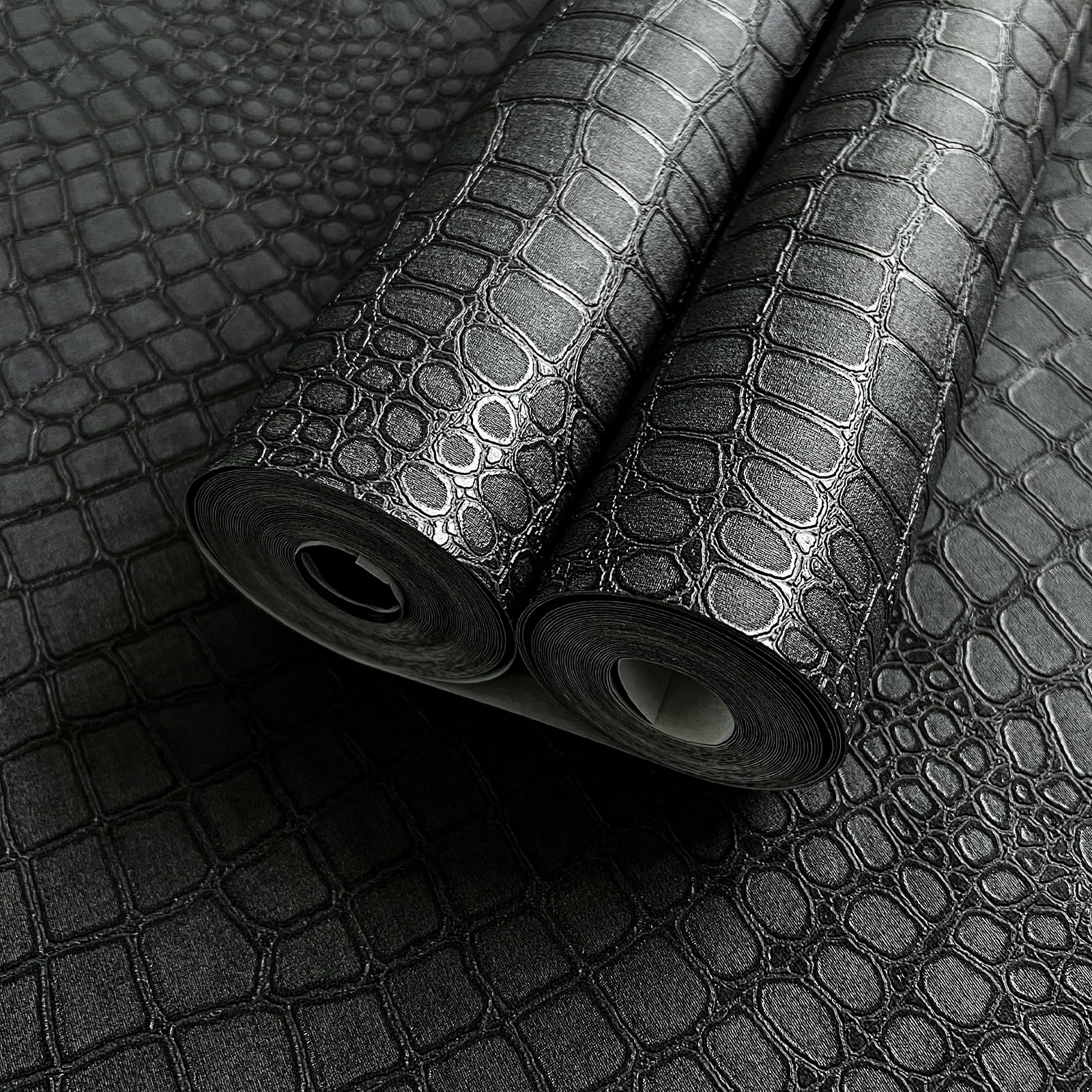 Zeeko 17.3 X 394 Crocodile Textured Wallpaper Black Peel and Stick Wallpaper - Easy Install & Removable Contact Paper for Cabinet, Bedroom & More