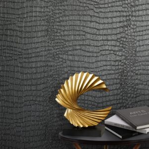 zeeko 17.3 x 394 crocodile textured wallpaper black peel and stick wallpaper - easy install & removable contact paper for cabinet, bedroom & more