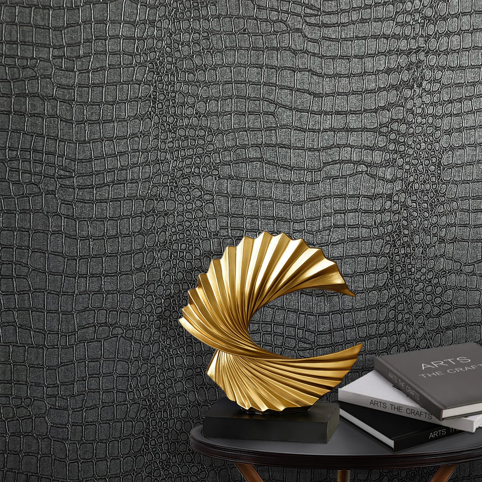 Zeeko 17.3 X 394 Crocodile Textured Wallpaper Black Peel and Stick Wallpaper - Easy Install & Removable Contact Paper for Cabinet, Bedroom & More