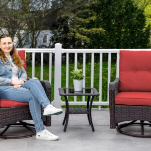 Gotland 3 Pieces Patio Swivel Rocker Wicker Chairs-Outdoor Swivel Rocking Chairs with 1 Rattan Coffee Table&2 Red Thickened Cushions Outdoor Furniture Conversation Sets for Patio Porch Garden