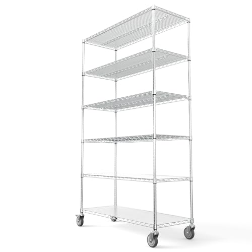 6 Tier NSF Wire Shelf Shelving Unit, 20 x 48 x 84.5 Inch 6000lbs Capacity Heavy Duty Adjustable Storage Metal Rack with Wheels/Leveling Feet&Shelf Liners, Ideal for Garage, Kitchen, and More - Chrome