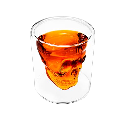 Transparent Skull Double Walled Drinking Glass - Insulated Double Walled Cup for Cocktail, Beer, Whiskey, Bourbon, Vodka, and Scotch Borosilicate Glassware - Keeps Drinks Cold & Hot - Macabre Design