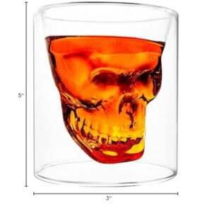 Transparent Skull Double Walled Drinking Glass - Insulated Double Walled Cup for Cocktail, Beer, Whiskey, Bourbon, Vodka, and Scotch Borosilicate Glassware - Keeps Drinks Cold & Hot - Macabre Design