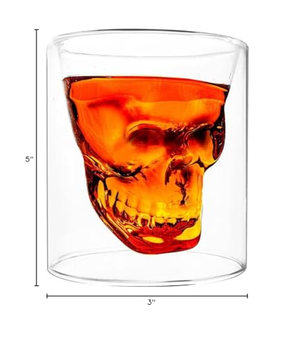 Transparent Skull Double Walled Drinking Glass - Insulated Double Walled Cup for Cocktail, Beer, Whiskey, Bourbon, Vodka, and Scotch Borosilicate Glassware - Keeps Drinks Cold & Hot - Macabre Design