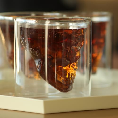 Transparent Skull Double Walled Drinking Glass - Insulated Double Walled Cup for Cocktail, Beer, Whiskey, Bourbon, Vodka, and Scotch Borosilicate Glassware - Keeps Drinks Cold & Hot - Macabre Design