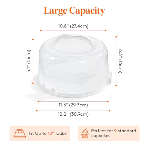 Lifewit Cake Carrier with Lid and Handle, Two Sided Cupcake Carrier Holder for 10” Cake or 9 Standard-Sized Cupcakes, Plastic Round Cake Transport Storage Container Stand for Pies and Cookies, White