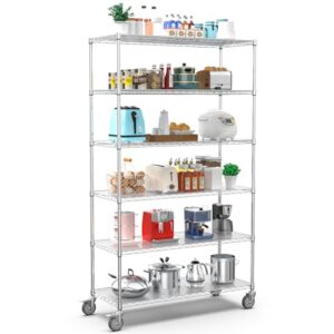 6 tier nsf wire shelf shelving unit, 20 x 48 x 84.5 inch 6000lbs capacity heavy duty adjustable storage metal rack with wheels/leveling feet&shelf liners, ideal for garage, kitchen, and more - chrome