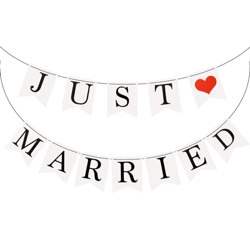 Bewudy Just Married Wedding Banner, Card Paper Wedding Hanging Flag Decoration, Romantic Wedding Party Supplies for Wedding Bridal Shower Anniversary Decoration