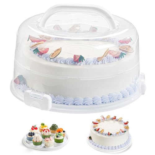 Lifewit Cake Carrier with Lid and Handle, Two Sided Cupcake Carrier Holder for 10” Cake or 9 Standard-Sized Cupcakes, Plastic Round Cake Transport Storage Container Stand for Pies and Cookies, White