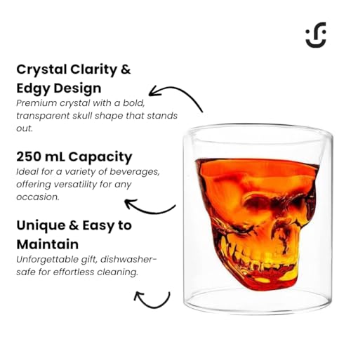 Transparent Skull Double Walled Drinking Glass - Insulated Double Walled Cup for Cocktail, Beer, Whiskey, Bourbon, Vodka, and Scotch Borosilicate Glassware - Keeps Drinks Cold & Hot - Macabre Design