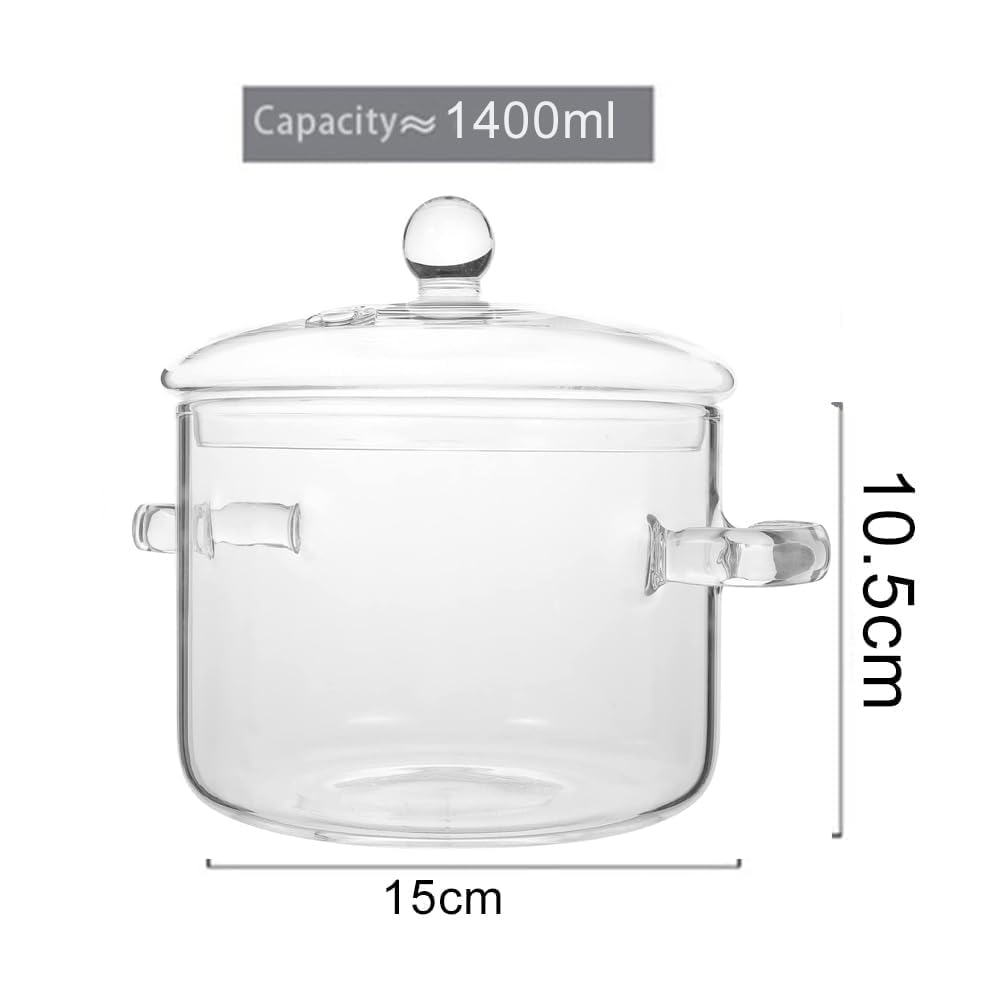 Glass Saucepan with Cover, 1400ml Stovetop Cooking Pot with Lid and Handle Simmer Pot Clear Soup Pot, High Borosilicate Glass Cookware