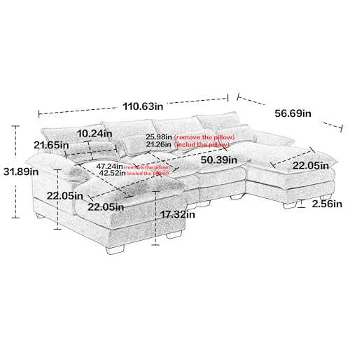 U-Shaped Cushions Deep Seat Sectional Sofa Couch w/Double Chaise (Left & Right) and 4 Lumbar Pillows,110.6" Corner Symmetrical Overstuffed Comfy Sofa&Couch for Home Office Apartment Living Room Sets