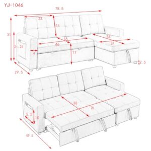 Reversible Sectional Sofa with Pull-Out Sleeper Bed, L-Shape 3-Seater Convertible Corner Sofa&Couches with Storage Chaise and Side Pockets ,Button Tufted Upholstery Couch for Living Room Furniture