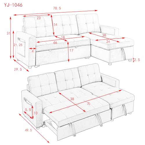 Reversible Sectional Sofa with Pull-Out Sleeper Bed, L-Shape 3-Seater Convertible Corner Sofa&Couches with Storage Chaise and Side Pockets ,Button Tufted Upholstery Couch for Living Room Furniture