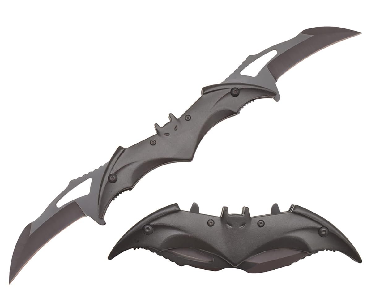 ARLEZA STORM Dark Knight Twin Blade Bat Knife - 11" Pocket Folding Spring Assisted Dual Blades Tactical Knife for Comics Superhero Fan! (Black/Black)