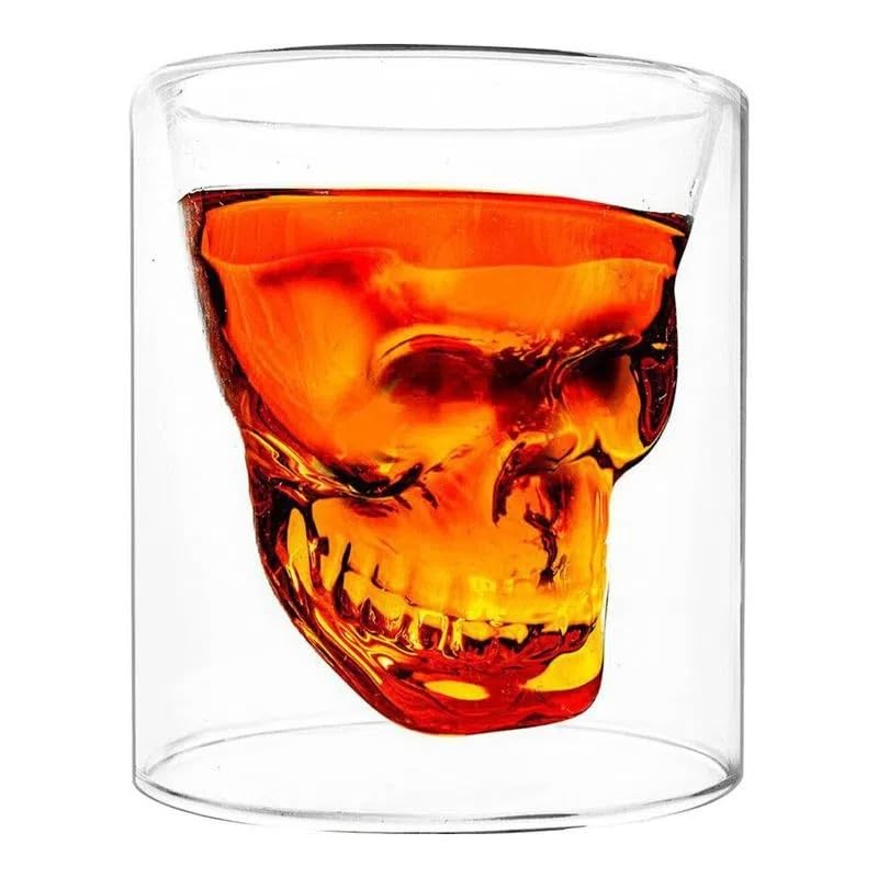 Transparent Skull Double Walled Drinking Glass - Insulated Double Walled Cup for Cocktail, Beer, Whiskey, Bourbon, Vodka, and Scotch Borosilicate Glassware - Keeps Drinks Cold & Hot - Macabre Design